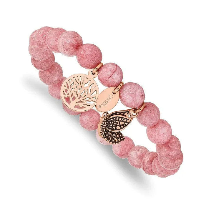 Chisel Stainless Steel Antiqued Polished Rose IP Pink Dyed Jade Stretch Bracelet Bracelets