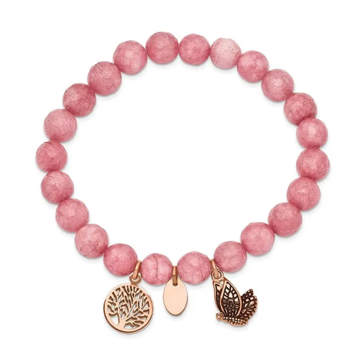 Chisel Stainless Steel Antiqued Polished Rose IP Pink Dyed Jade Stretch Bracelet Bracelets