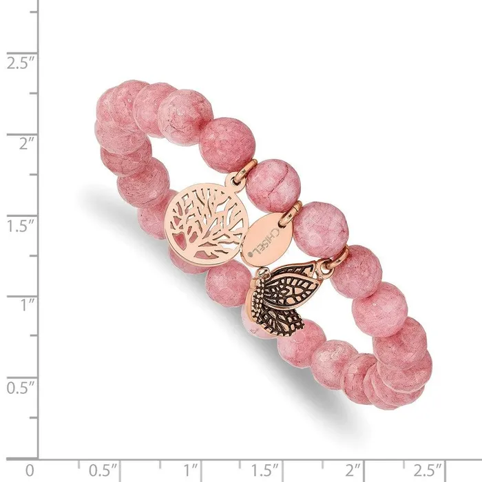 Chisel Stainless Steel Antiqued Polished Rose IP Pink Dyed Jade Stretch Bracelet Bracelets