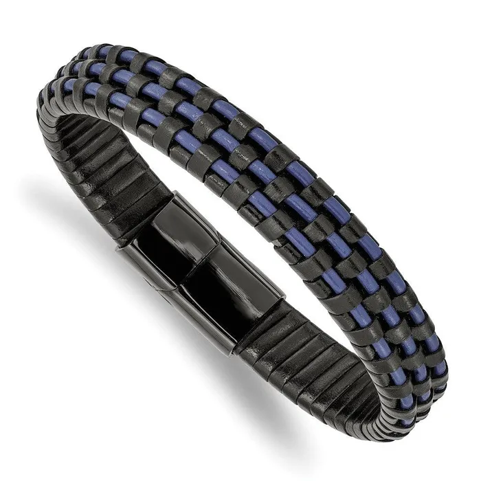 Chisel Stainless Steel Polished Black IP Black and Blue Leather 825in Bracelet Bracelets