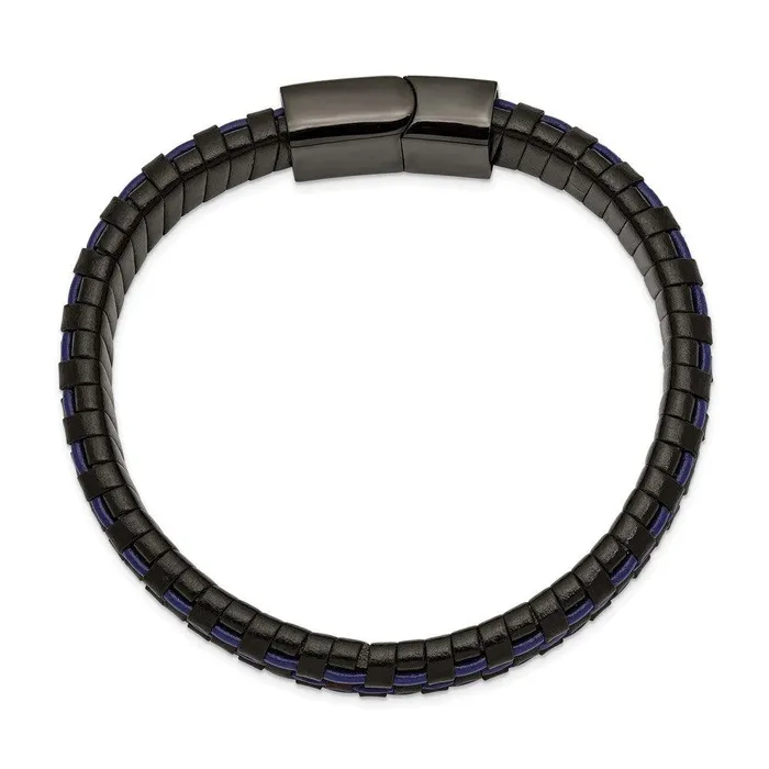 Chisel Stainless Steel Polished Black IP Black and Blue Leather 825in Bracelet Bracelets