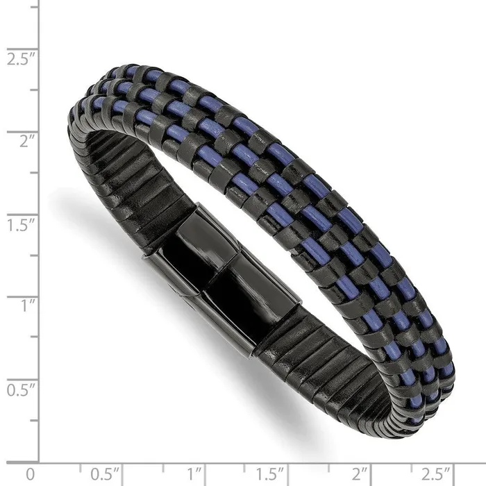 Chisel Stainless Steel Polished Black IP Black and Blue Leather 825in Bracelet Bracelets