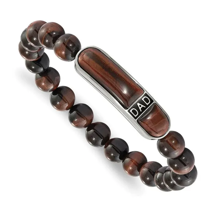 Chisel Stainless Steel Polished Enameled Tigers Eye Beaded DAD Stretch Bracelet Bracelets