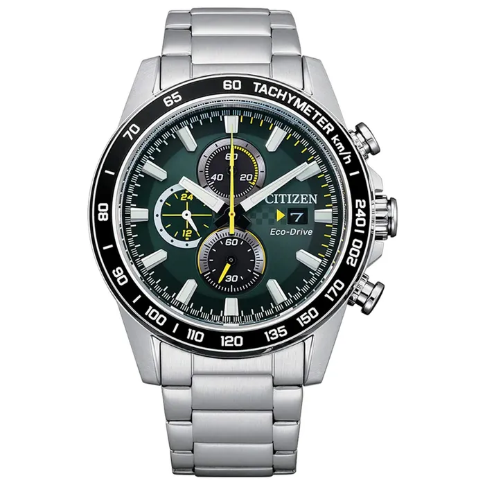 Citizen Bracelets Citizen Mens EcoDrive Watch Chronograph Green Dial Silver Bracelet CA078087X