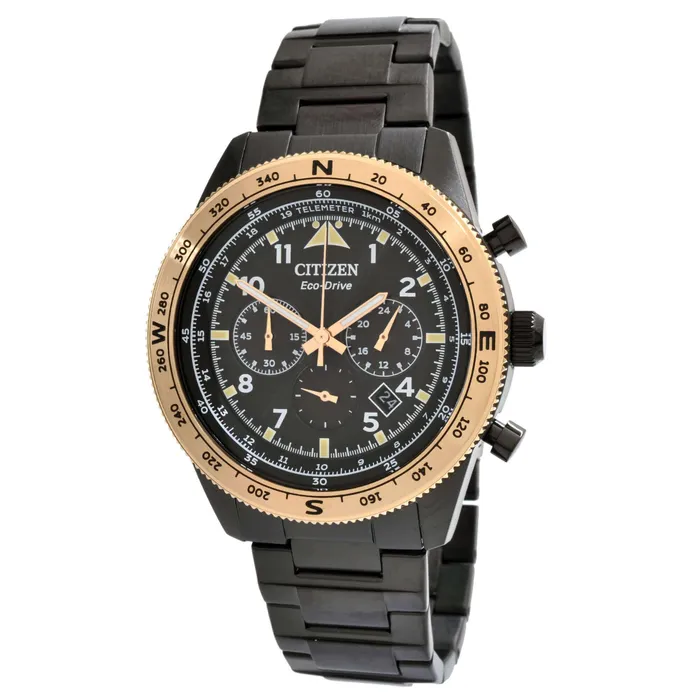 Citizen Bracelets Citizen Mens Watch Date Display Chrono Black Stainless Steel Bracelet CA455689E