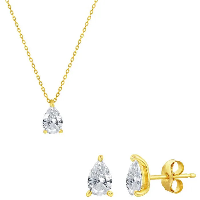 Classic Earrings Classic Womens Necklace and Earrings Set Gold Solitaire Pearshape CZ SET614