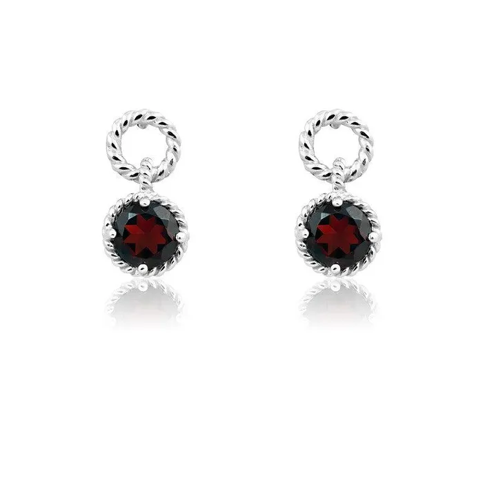 Classic Earrings Sterling Silver Garnet Gemstone Twisted Wire Circle Earrings