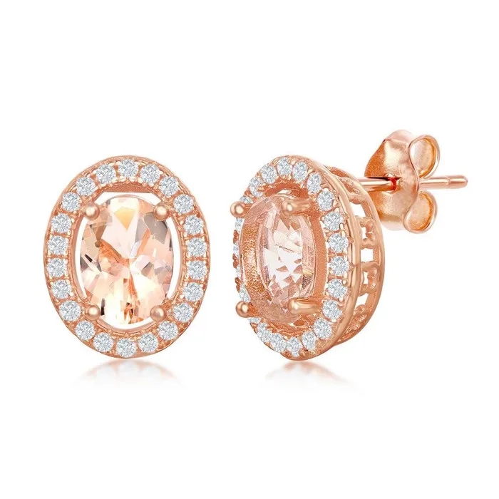 Classic Earrings Sterling Silver Rose Gold Plated Oval Morganite CZ Stud Earrings