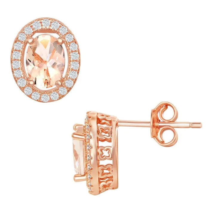 Classic Earrings Sterling Silver Rose Gold Plated Oval Morganite CZ Stud Earrings