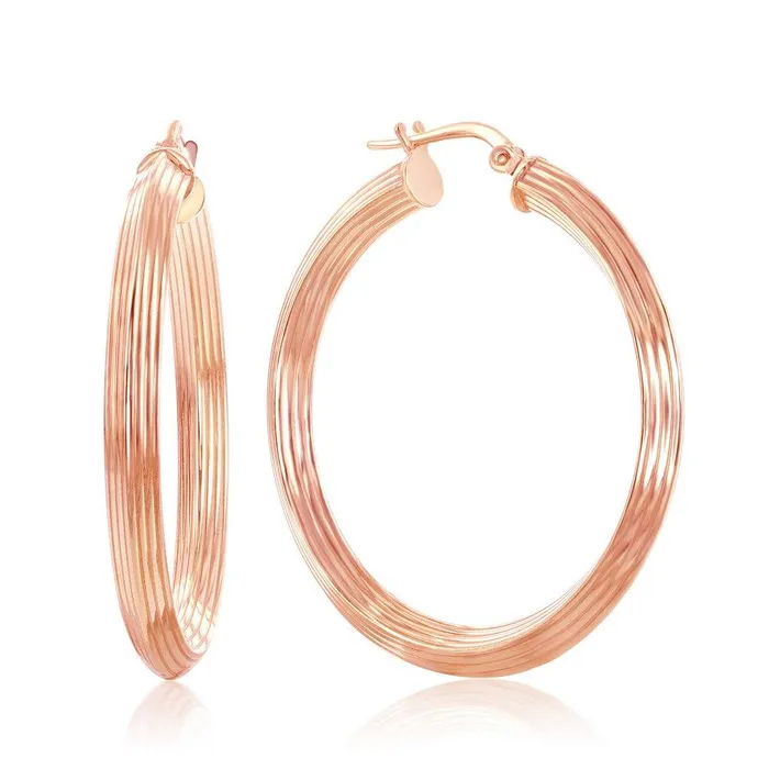 Classic Earrings Sterling Silver Rose GP 35mm Designed Hoop Earrings