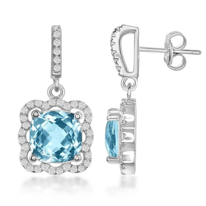 Classic Earrings Sterling Silver Square Blue Topaz with Scalloped White Topaz Border 603cttw Earrings