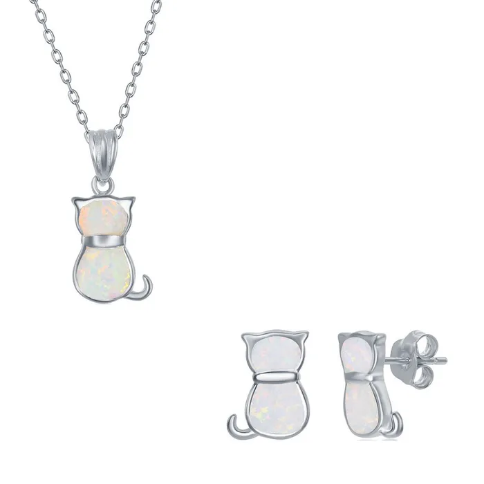 Classic Earrings Womens Necklace and Earrings Set Sterling White Inlay Opal Cat SET578