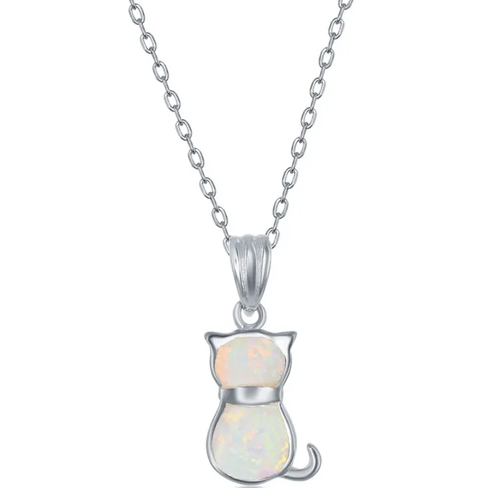 Classic Earrings Womens Necklace and Earrings Set Sterling White Inlay Opal Cat SET578