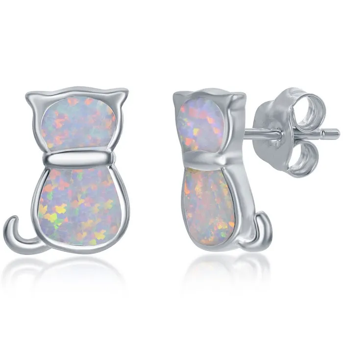 Classic Earrings Womens Necklace and Earrings Set Sterling White Inlay Opal Cat SET578