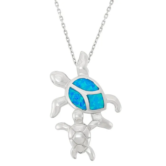 Classic Necklaces Sterling Silver Blue Inlay Swimming Turtle Pendant