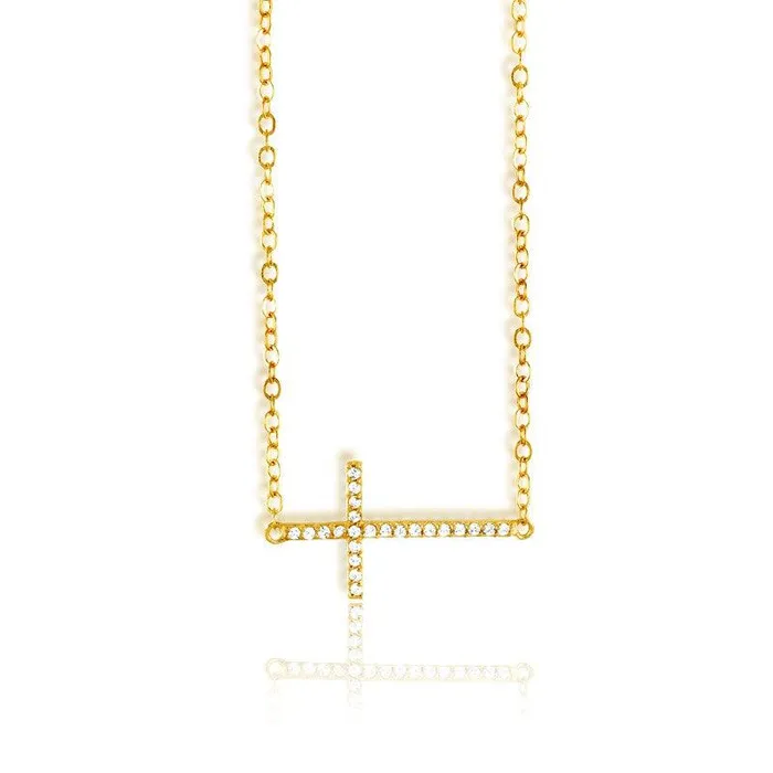 Classic Necklaces Sterling Silver Gold Sideways CZ Cross Necklace