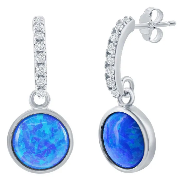 Classic Opalata Womens Earrings Sterling Silver Round Blue Opal with CZ D7936 Earrings