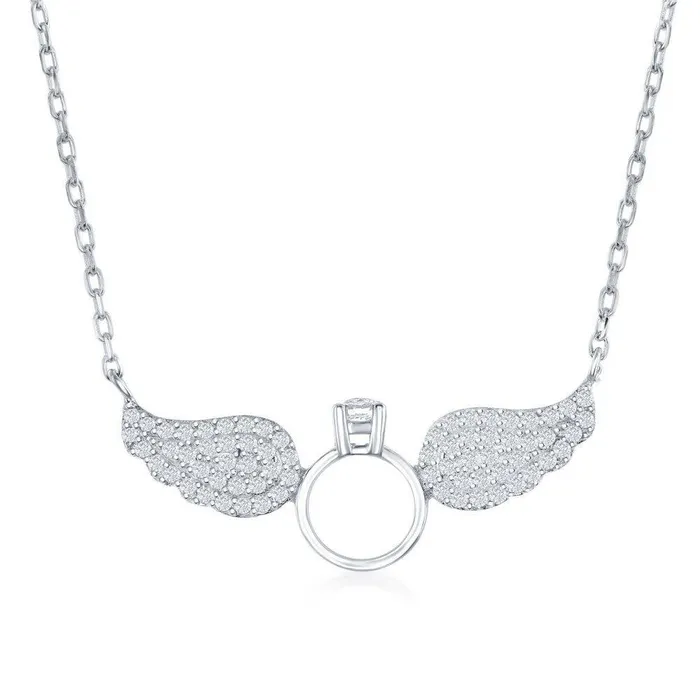 Classic Rings Sterling Silver Angel Wings with Center Engagement Ring Necklace