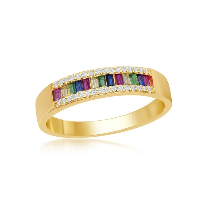 Classic Rings Sterling Silver GP Baguette Rainbow and White CZ Ring W2136