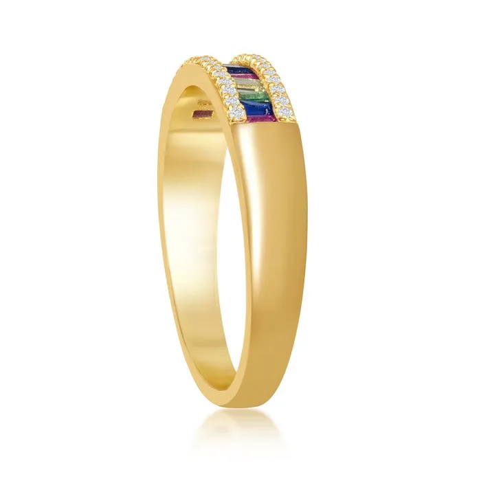 Classic Rings Sterling Silver GP Baguette Rainbow and White CZ Ring W2136