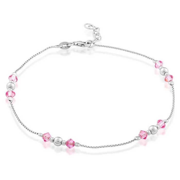 Classic Sterling Silver Beads with Pink Crystals Anklet Rings
