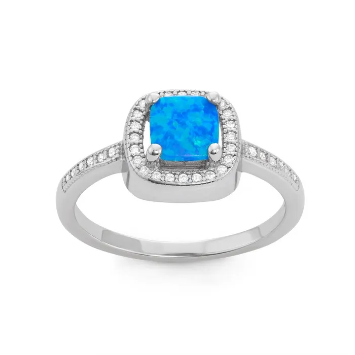 Classic Sterling Silver Blue Opal with Micro Pave CZ Ring W1507 Rings