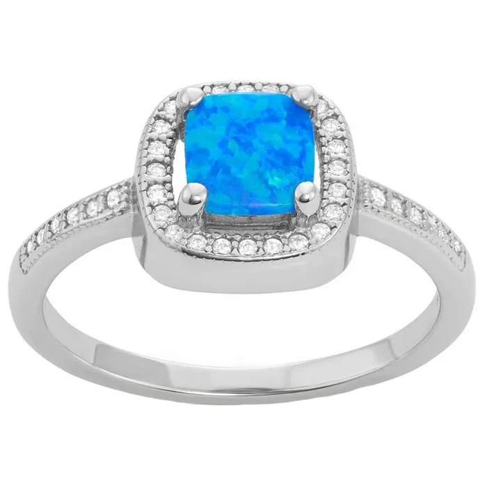 Classic Sterling Silver Blue Opal with Micro Pave CZ Ring W1507 Rings