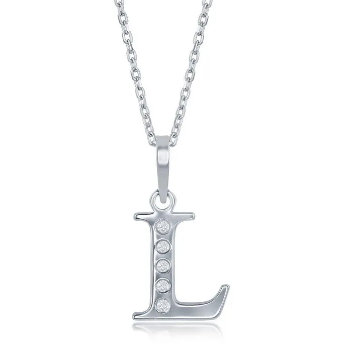 Classic Sterling Silver Diamond L Initial Pendant Chain Necklaces