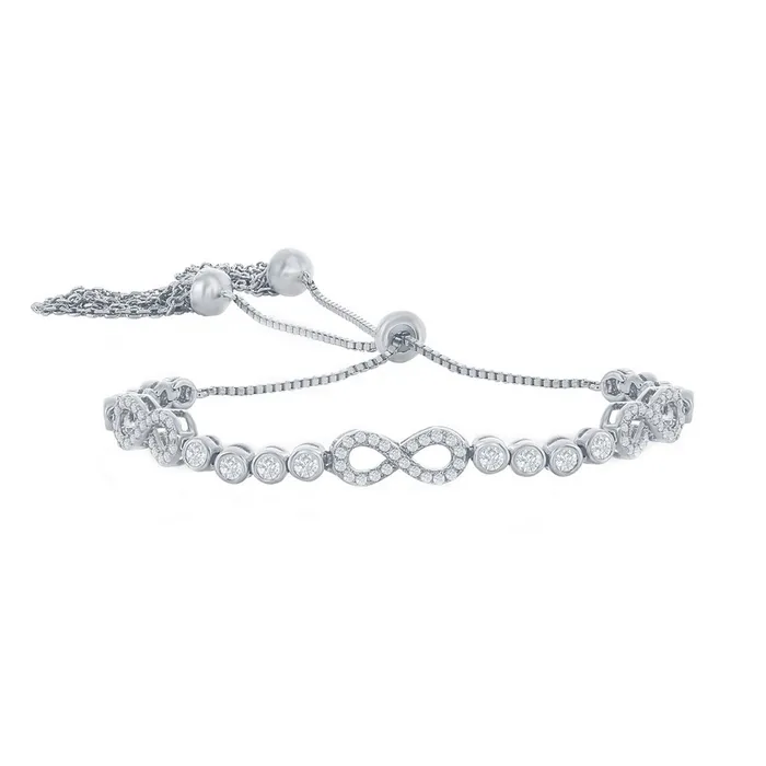 Classic Womens Bracelet Silver BezelSet CZ and Infinity Adjustable Bolo T8044 Classic Bracelets