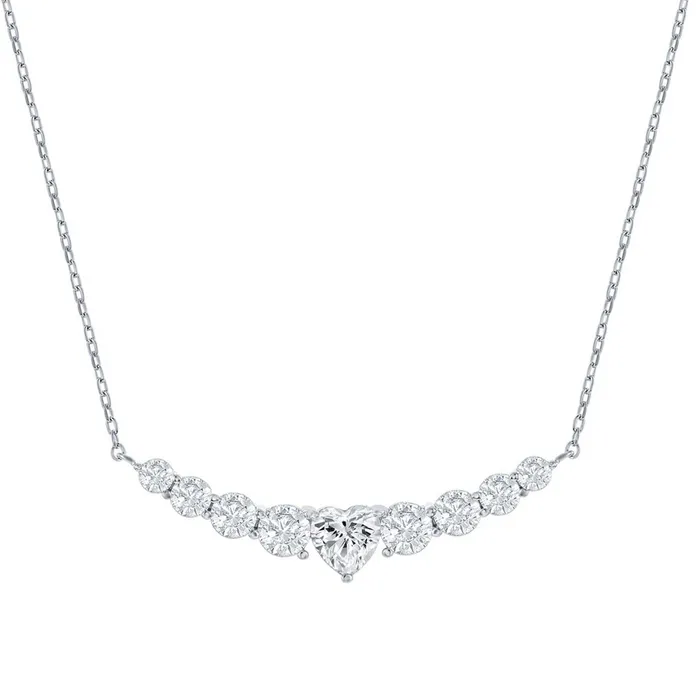 Classic Womens Necklace Graduating Round CZ with Center Heart Curved Bar M7108 Classic Necklaces