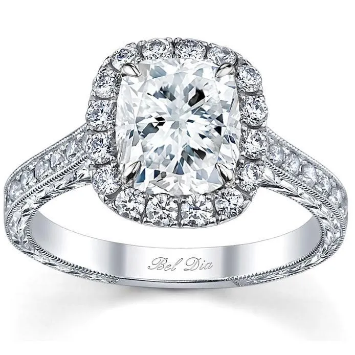 Cushion Halo Engagement Ring with Engraved Pave Band deBebians Rings