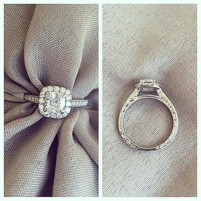 Cushion Halo Engagement Ring with Engraved Pave Band deBebians Rings