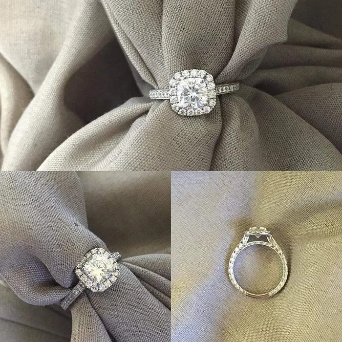 Cushion Halo Engagement Ring with Engraved Pave Band deBebians Rings