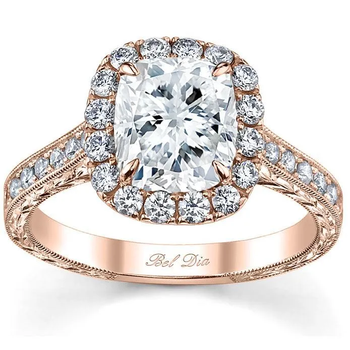 Cushion Halo Engagement Ring with Engraved Pave Band deBebians Rings