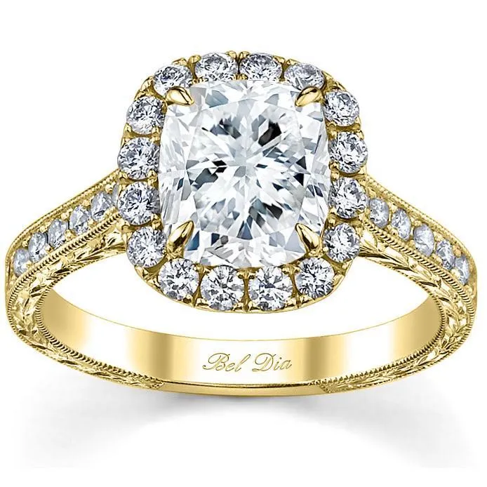 Cushion Halo Engagement Ring with Engraved Pave Band deBebians Rings