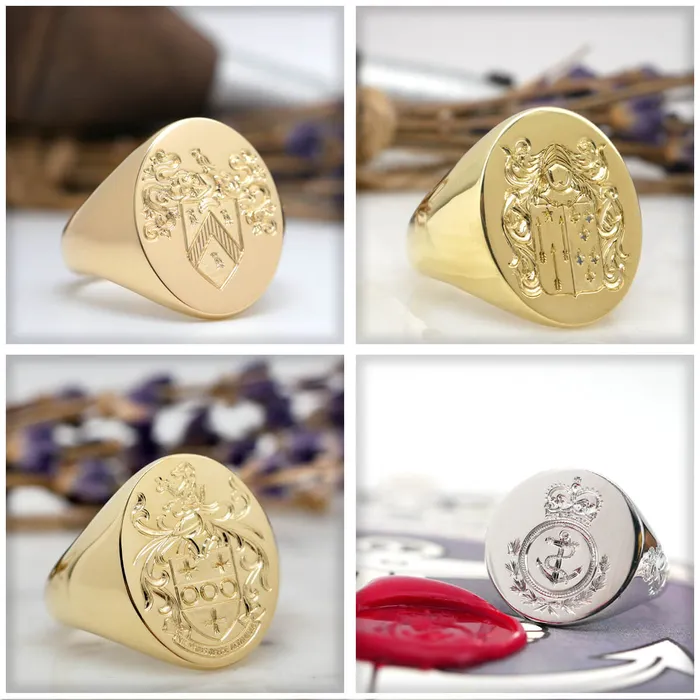 deBebians Mens Round Signet Ring Small Hand Engraved Family Crest Logo Rings