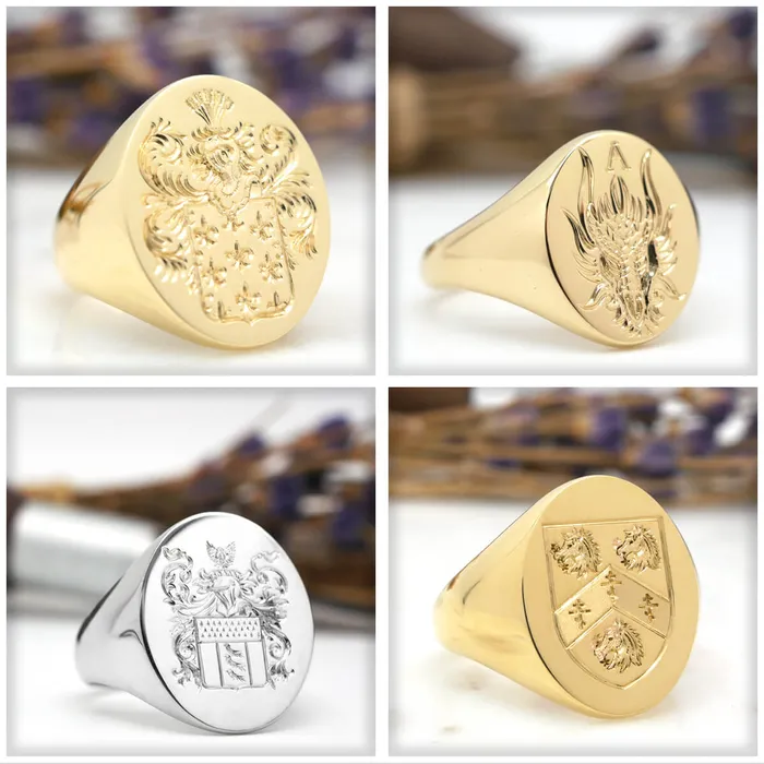 deBebians Mens Round Signet Ring Small Hand Engraved Family Crest Logo Rings