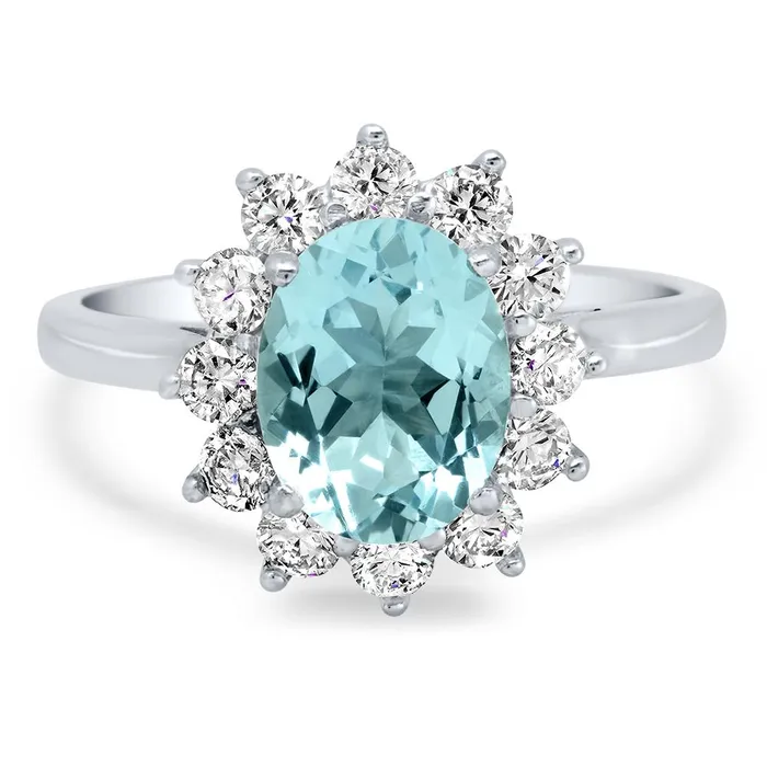 deBebians Oval Aquamarine and Diamond Halo Engagement Ring Rings