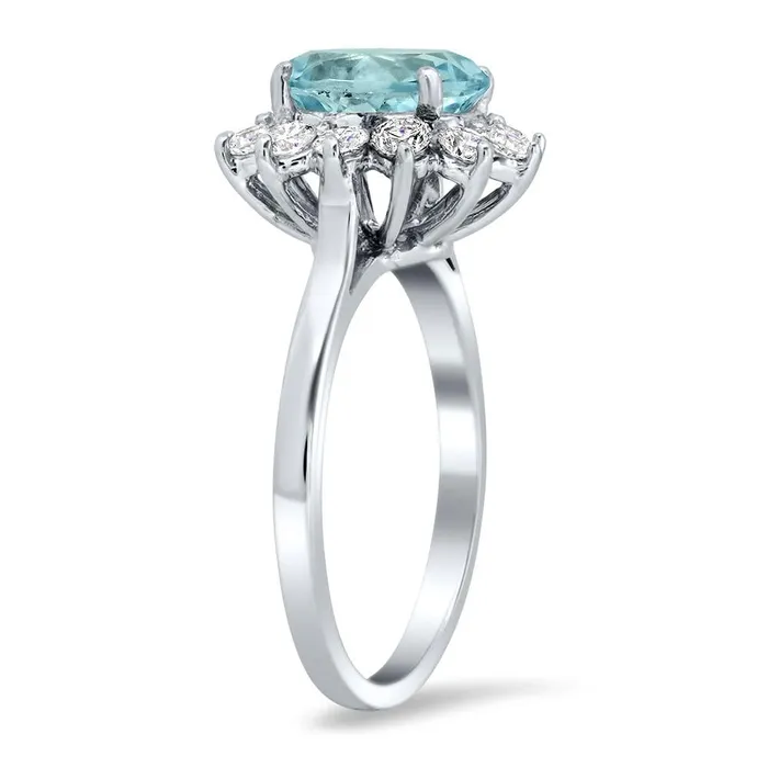 deBebians Oval Aquamarine and Diamond Halo Engagement Ring Rings