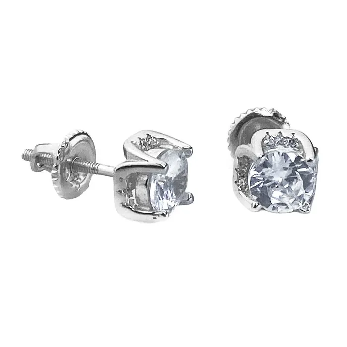 Earrings AMERICAN TIME 925 Silver Solitaire Iced CZ Round Earrings Screw Back 5MM