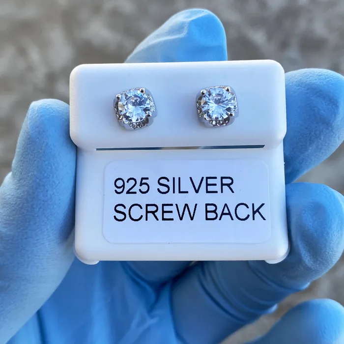 Earrings AMERICAN TIME 925 Silver Solitaire Iced CZ Round Earrings Screw Back 5MM