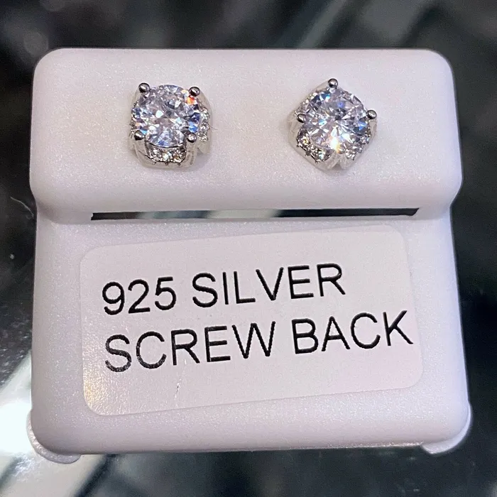Earrings AMERICAN TIME 925 Silver Solitaire Iced CZ Round Earrings Screw Back 5MM