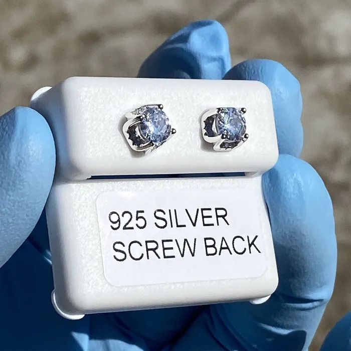 Earrings AMERICAN TIME 925 Silver Solitaire Iced CZ Round Earrings Screw Back 5MM