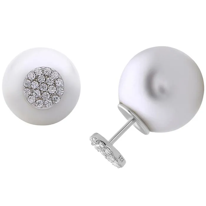 Earrings Classic Classic Womens Earrings Sterling Silver CZ Disc Front with Pearl Back D5667