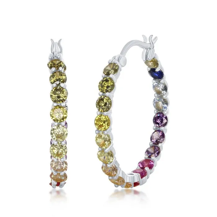Earrings Classic Sterling Silver 3x25mm InsideOutside Rainbow CZ Hoop Earrings