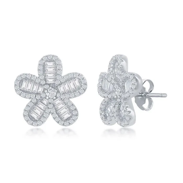 Earrings Classic Sterling Silver Baguette CZ Flower Stud Earrings