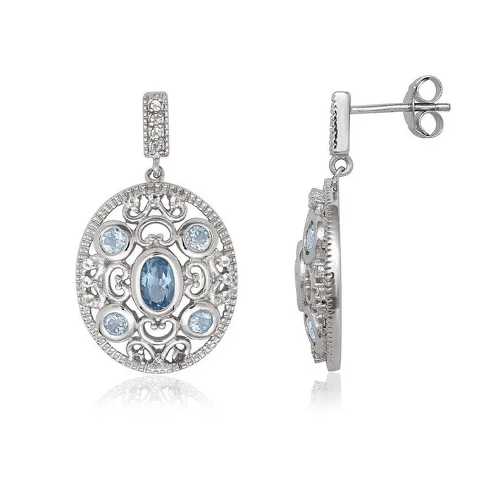 Earrings Classic Sterling Silver Oval Blue and White Topaz Earrings