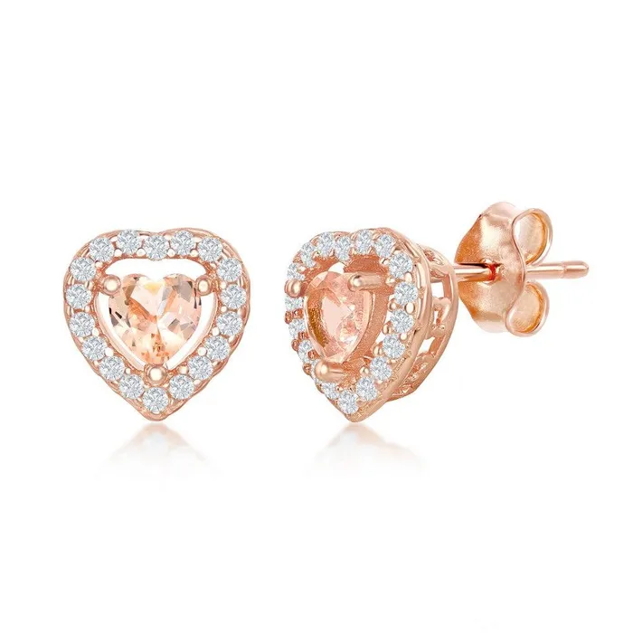 Earrings Classic Sterling Silver Rose GP Heart Morganite CZ Stud Earrings