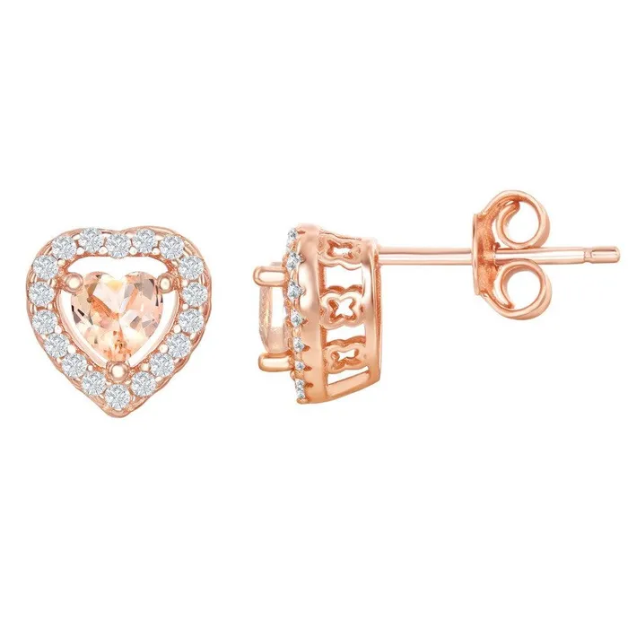 Earrings Classic Sterling Silver Rose GP Heart Morganite CZ Stud Earrings