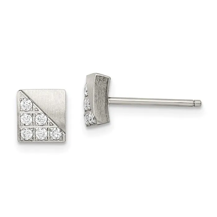 Earrings Stainless Steel Brushed CZ Square Post Earrings Chisel